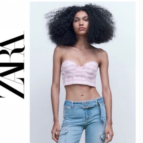 NWT Zara Pink Purple White Plaid Tweed Textured Corset Crop Top Sz M - Picture 5 of 9